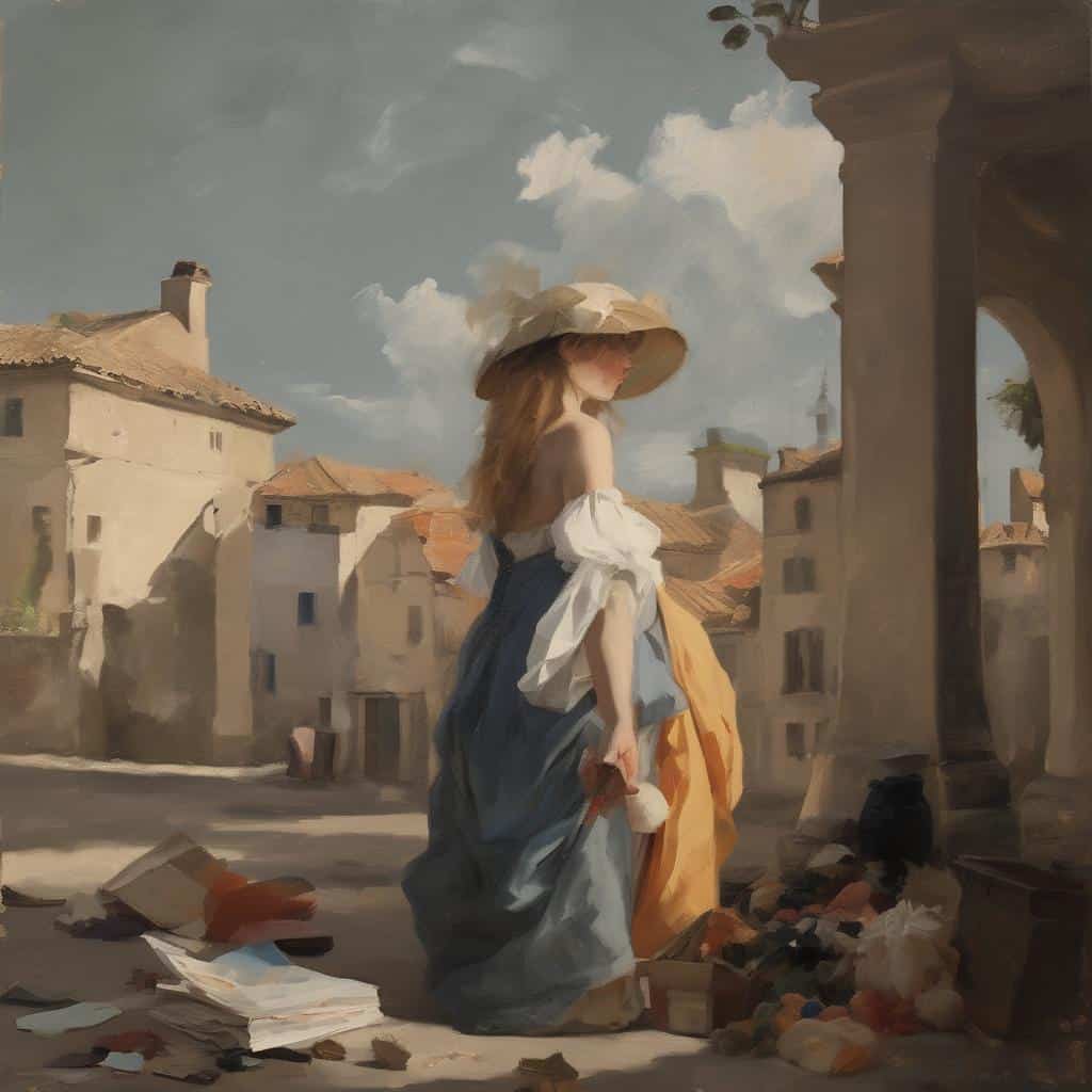 Ρομαντική γυναίκα με καπέλο σε παλιά πόλη, σύγχρονες τάσεις στη φωτογραφία τέχνης.