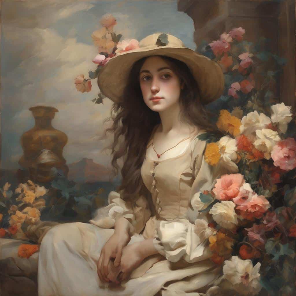 Οπτική τέχνη, σύγχρονη φωτογραφία, λευκές ανθοστολισμένες σκηνές, νεαρή γυναίκα με καπέλο, δημιουργική φωτογραφία τέχνης, καλλιτεχνική φωτογραφία.