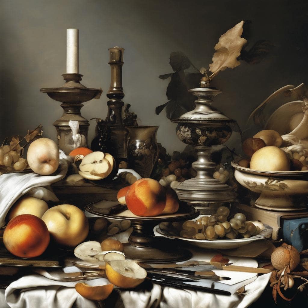 Λαμπερά μοντέρνα still life με φρούτα και vintage αντικείμενα, σύγχρονες τάσεις στη φωτογραφία τέχνης με έμφαση στη σύνθεση και το χρώμα.