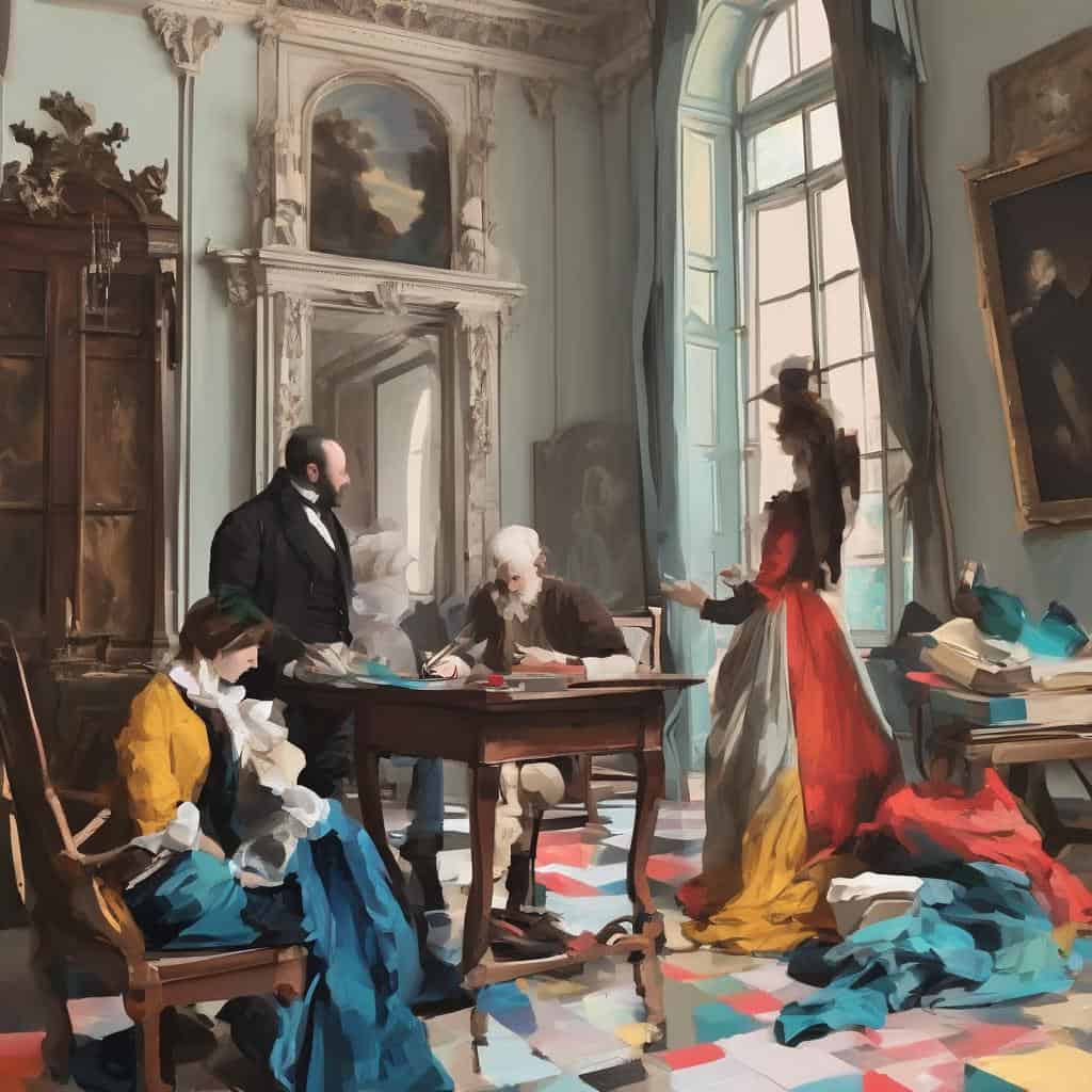 ρεαλιστική ζωγραφική με σκηνή από το 18ο αιώνα, διακοσμημένο εσωτερικό με παράθυρα και πίνακες τέχνης.